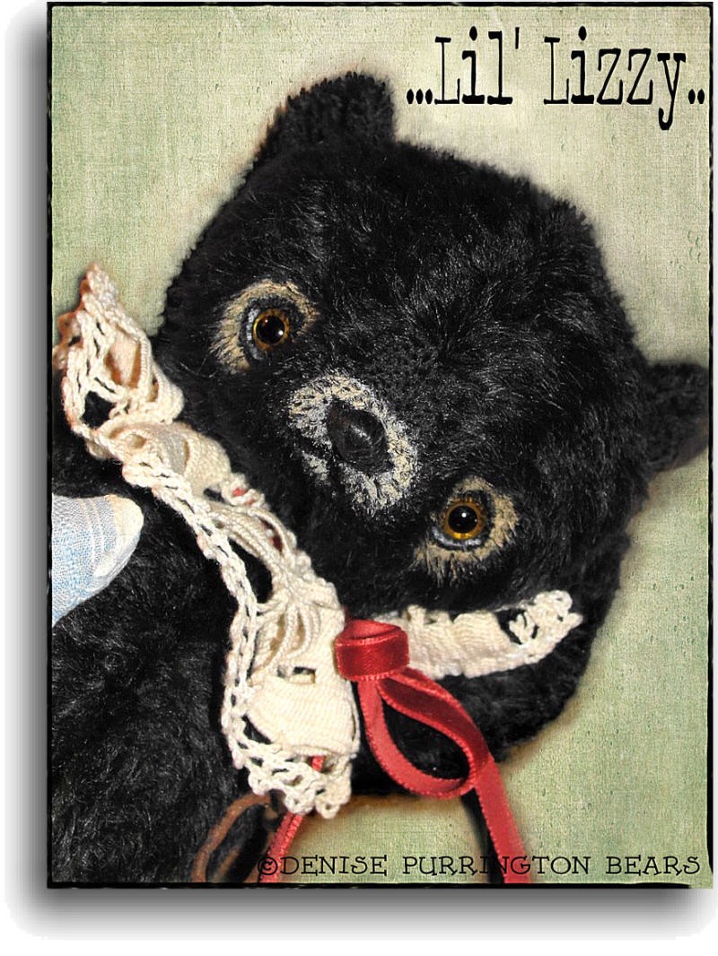 Lil' Lizzy available for adoption from award winning handmade mohair bear artist Denise Purrington